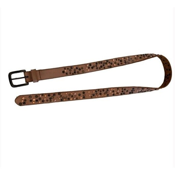 COWBOYSBELT Studded Leather Belt Tan Rivets Western Biker Boho Chic 90 Medium - Picture 3 of 8